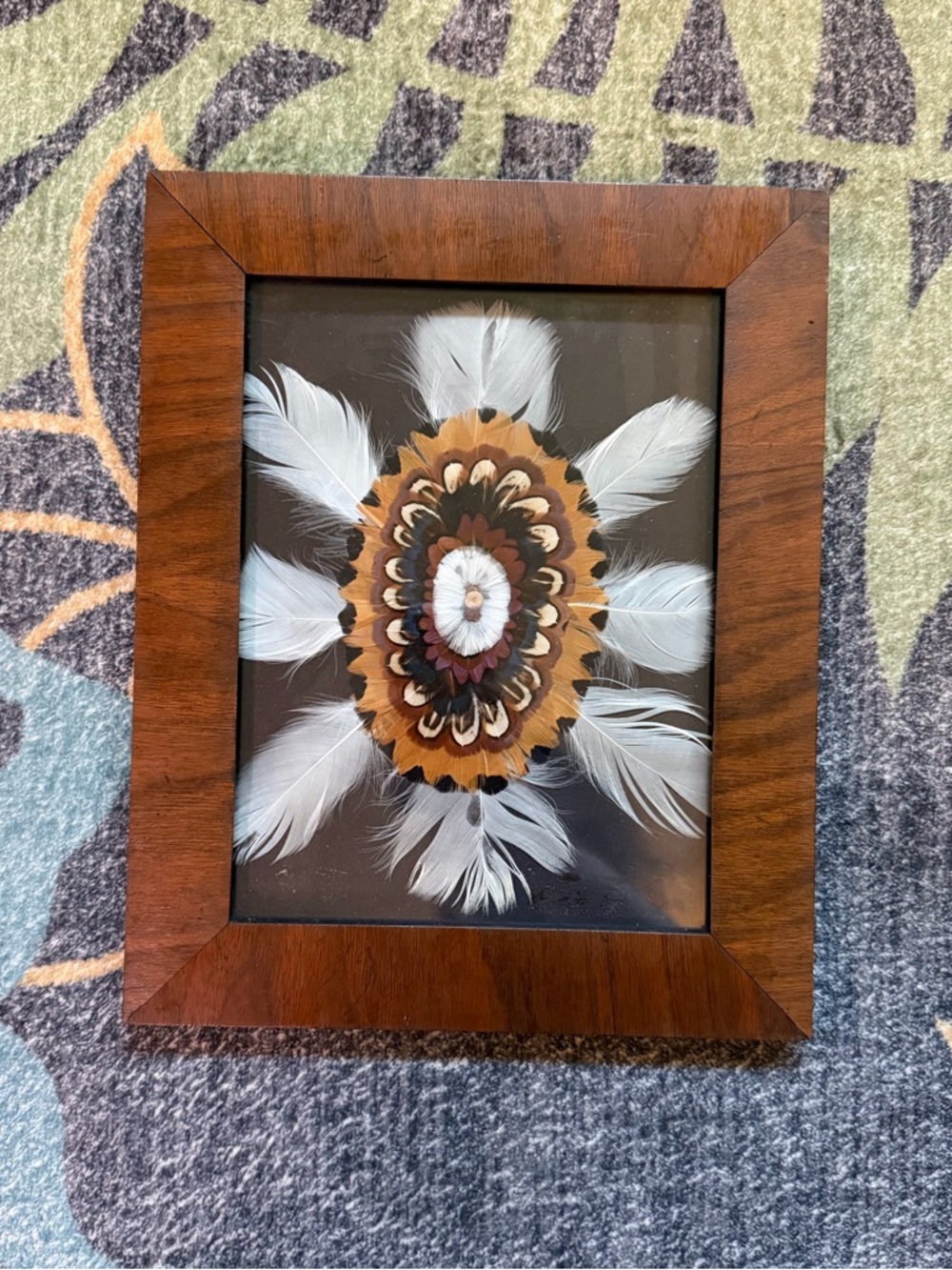 Vintage Handmade Real Feather Mandala Art Framed